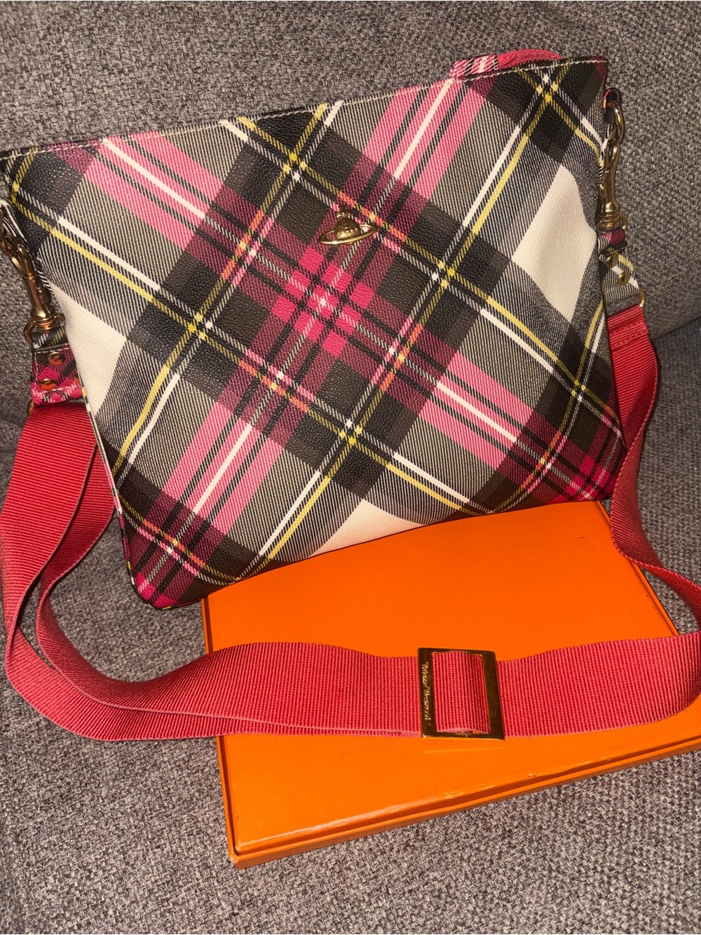 Vivienne Westwood Pink Tartan Crossbody with Gold Orb Hardware